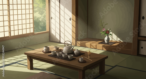 Traditional Japanese interior with tea set on low wooden table
