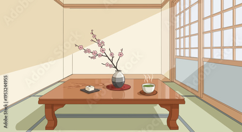 Traditional Japanese interior with low wooden table and cherry blossoms