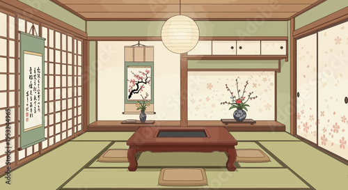 Traditional Japanese tatami room with shoji screens and low table
