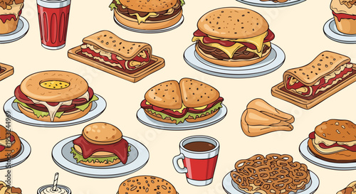A flat lay illustration of various fast food items, including sandwiches, burgers, and drinks, arranged on plates and against a pale yellow background.