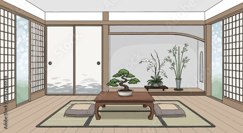 Traditional Japanese interior with bonsai tree and tatami mat