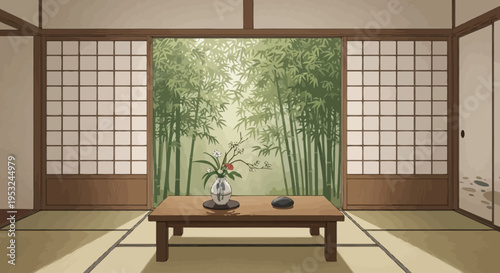 Traditional Japanese room with bamboo screen and tatami mat
