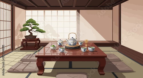 Traditional Japanese interior with bonsai tree and tea set on low table