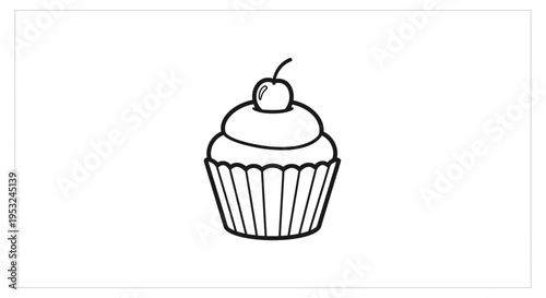 Simple line drawing of a cupcake with cherry on top, isolated on white background