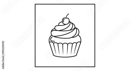 Simple outline drawing of a cupcake with a cherry on top, isolated on white background.