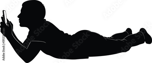  Man lying on stomach using smartphone silhouette relaxed person browsing mobile device vector illustration collection