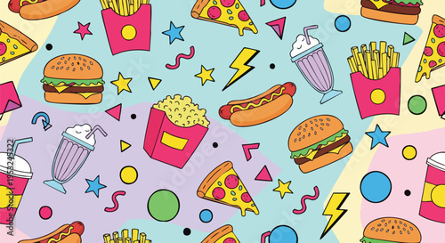 Colorful pattern of fast food items and party symbols in pastel hues on a flat surface.