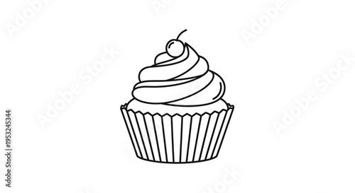 Simple Line Art Cupcake with Cherry on Top - Minimalist Sweet Treat Icon