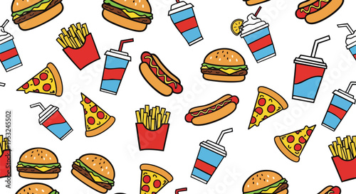 A colorful flat lay of various fast food items including burgers, fries, pizza, and drinks on a white background.