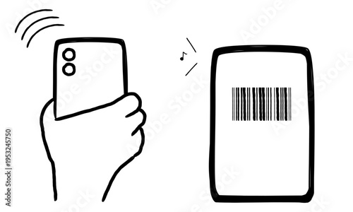 バーコードを読み取る手描きのシンプルなスマートフォンのイラスト