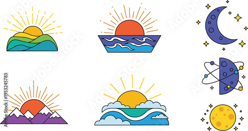  Sun and moon icons set with sunrise sunset ocean waves night sky celestial elements colorful vector illustration collection