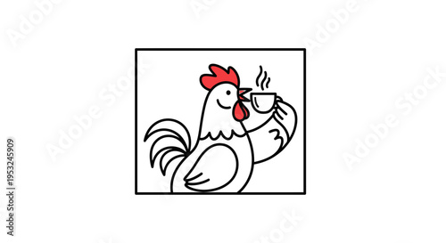 Rooster Drinking Coffee, Morning Energy, Farm Animal with Hot Beverage