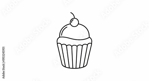 Simple black and white line art illustration of a cupcake with a cherry on top