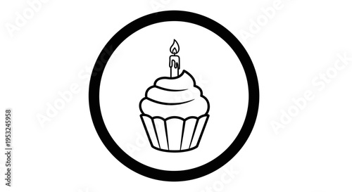 Simple black and white line art icon of a cupcake with a lit candle inside a circle.