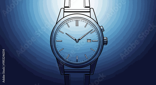 Close up of a watch with blue face and metallic band