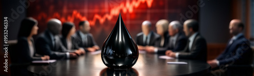 Oil Price Crisis Meeting: A tense boardroom scene, a prominent oil drop centerpiece, symbolizes crisis discussion with backdrop graph