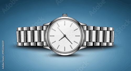 Silver metal watch with white face on blue background