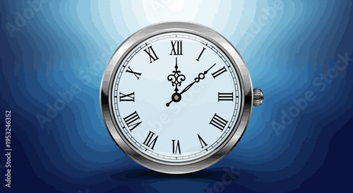Analog clock with roman numerals on blue background