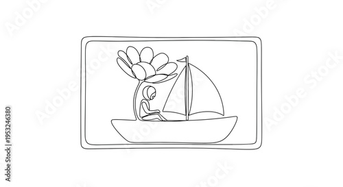 Person sailing on a boat under a large flower, surreal journey, dreamlike adventure