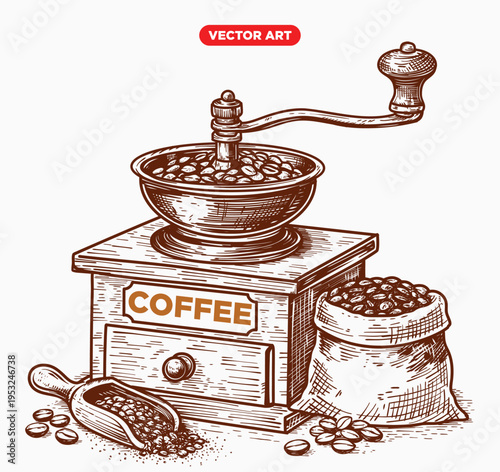 Vintage Coffee Grinder Line Art Illustration Classic Manual Coffee