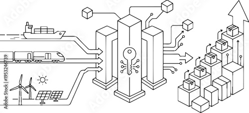 Line art vector of green energy logistics and secure digital hub driving supply chain growth