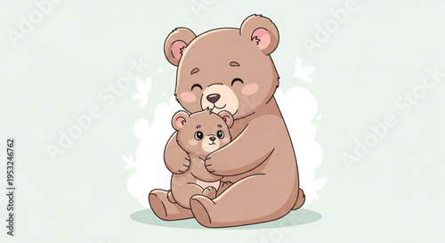Cute brown bear and cub hug love and affection heartwarming moment gentle embrace soft illustration pastel background