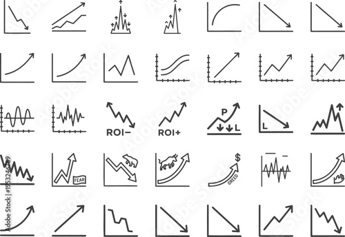 Stock market financial trends and business growth line icons