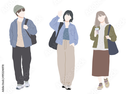 フラットイラスト　カジュアルなファッションの男女　淡色・ニュアンスカラー　表情無し