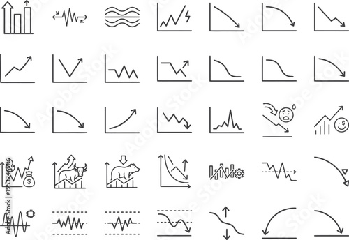 Market volatility and financial loss icons with bull and bear market cycle symbols