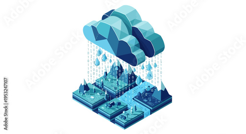 Cityscape with rain and clouds falling.