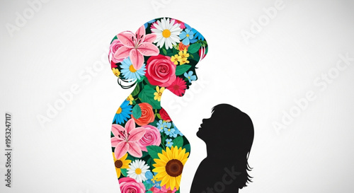 Vibrant floral woman silhouette faces black profile colorful flowers contrast dark outline symbolizing growth and freedom