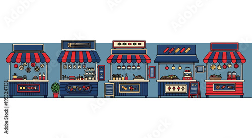 Colorful food truck vendor market stalls.