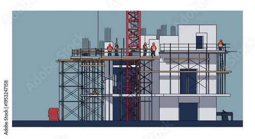 Construction workers on scaffolding site.