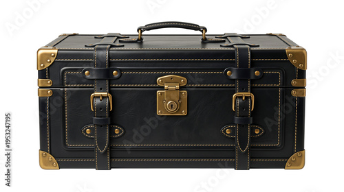 Black leather suitcase with straps and brass lock front view isolated transparent background vintage travel luggage premium accessory clipart
