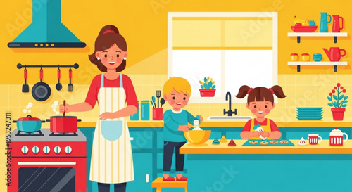 Mother and children cooking together in a colorful kitchen with a warm atmosphere and baking utensils