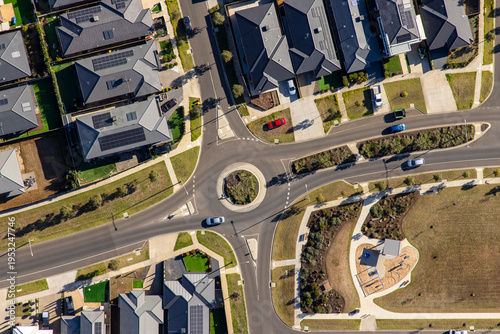 Obraz na plátně Aerial view of tightly packed grey residential rooftops in a modern suburban hou