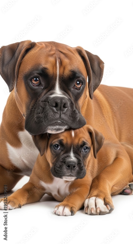 Obraz premium Boxer dog Mother Embracing Her Small Puppy in a Loving Pose