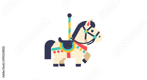 Carousel Horse Vector Illustration, Flat Design, Amusement Park Icon, Cartoon Style, Fun Fair