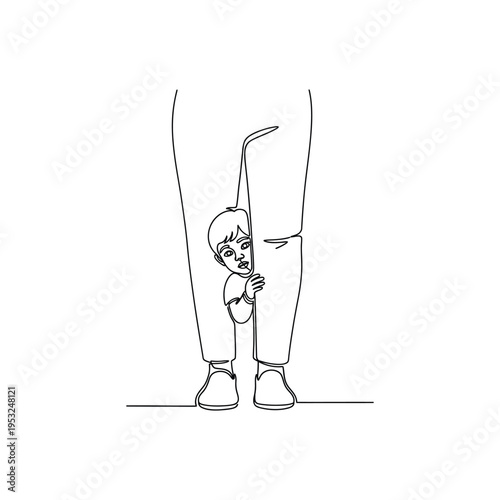 A continuous line drawing depicts a young child hiding behind a pair of legs high quality