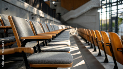 Modern auditorium seating row with soft shadow falloff, empty gray chairs, wooden armrests