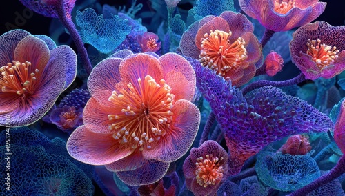 Ethereal Floral Bloom - Abstract Pink and Blue Flowers with Intricate Details.