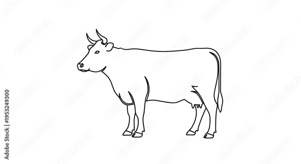 Fototapeta premium Minimalist line art drawing of a cow, side view, black and white illustration