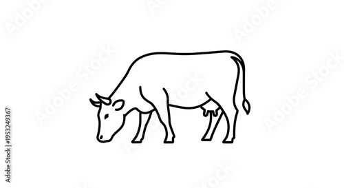 Minimalist Line Art Icon of a Cow Grazing on a White Background