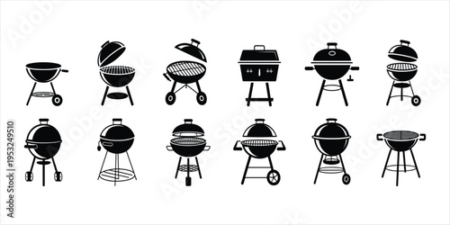 Assortment of Black Barbecue Grill Icons on White Background outdoor cooking summer