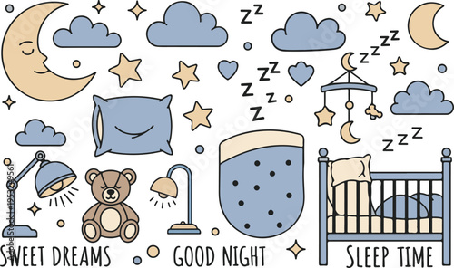 Baby Sleep Nursery Night Sweet Dreams, Illustration Doodle Cartoon Collection