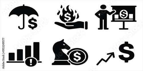 Black Icons Representing Financial Concepts on White Background finance symbol