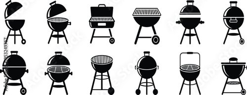 Collection of Black Barbecue Grill Icons on White Background outdoor cooking summer