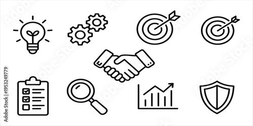 Business and Strategy Icons in Black Outline on White Background Keywords: light bulb, gears, target with arrow, handshake