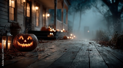 Glowing carved pumpkin lanterns flickered with candlelight on the wooden porch, surrounded by mist and cobwebs, creating a dark and gloomy Halloween atmosphere with deep shadows.