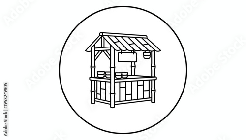 Hand-drawn illustration of a traditional bamboo food stall with a thatched roof and signage.